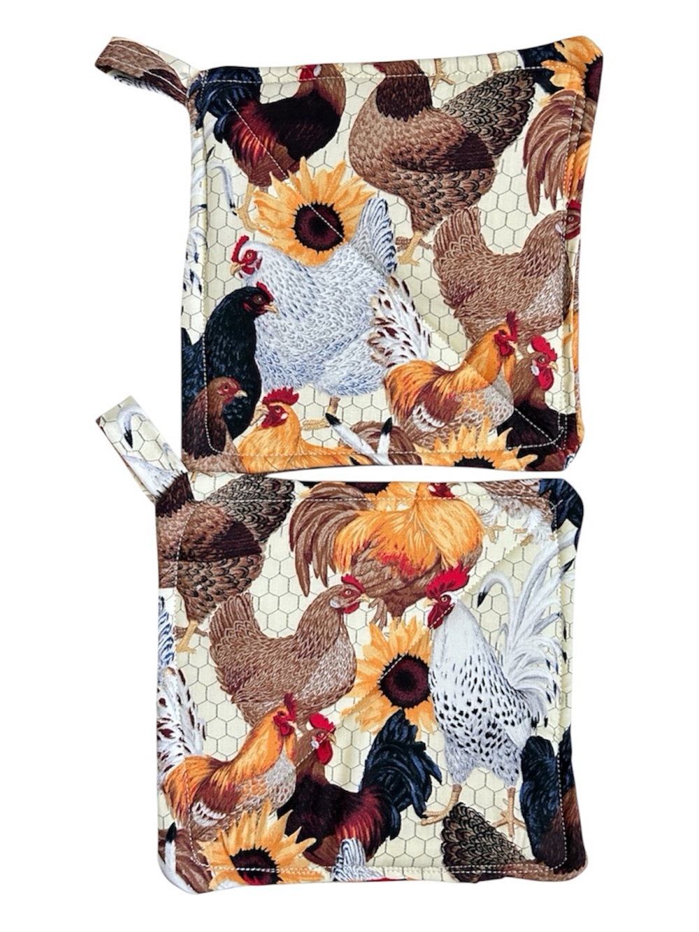 Hand Crafted Farmhouse Rooster & Sunflower Potholder Set Fabric Hot Mat Trivet